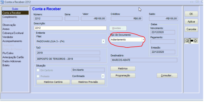 Arquivo:BCC Base de Conhecimento Manuais Contas a Receber Como permitir alterar tipo de documento Adiantamento para Nota de Creditoimage2023-4-19 17 44 46.png