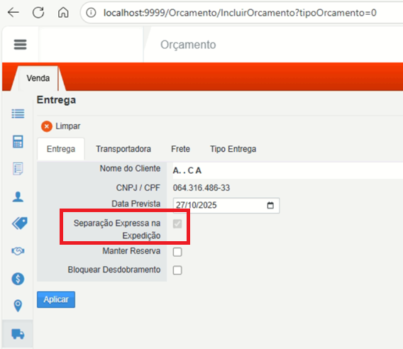 Alteração parâmetro