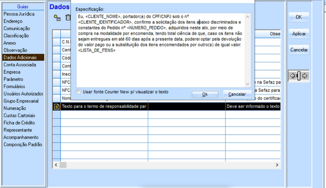 Texto para o termo de responsabilidade