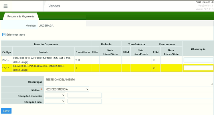 Cancelamento parcial do pedido