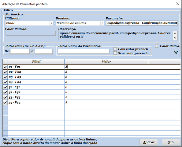 Alteração parâmetro