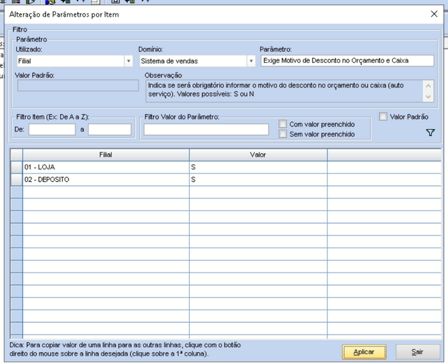 Alteração parametro