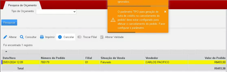 Mensagem de aviso