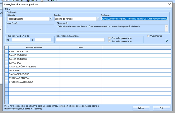 Alteração parâmetro
