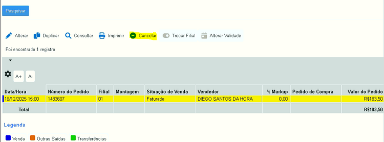 Seleção do pedido para cancelamento
