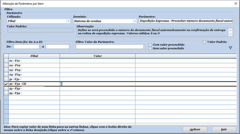 Alteração parâmetro