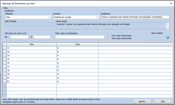 Alteração parâmetro