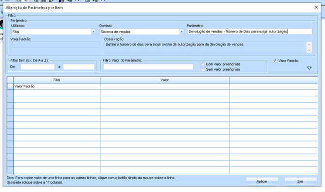 Alteração parâmetro