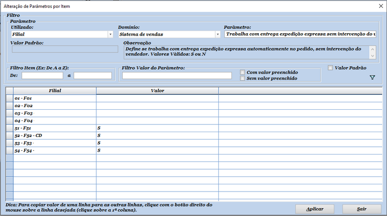 Alteração parâmetro