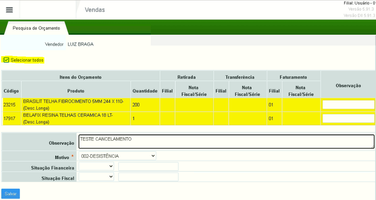Cancelamento total do pedido