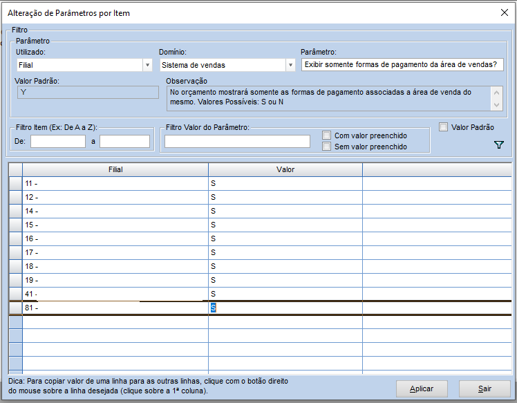 Alteração parâmetro