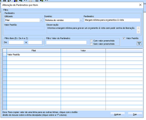 Informa a margem mínima para gravar um orçamento à vista sem pedir senha de liberação.