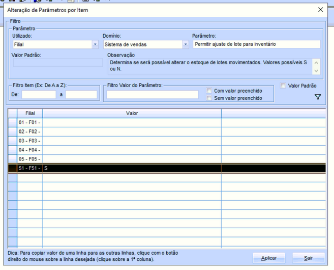 Alteração parâmetro