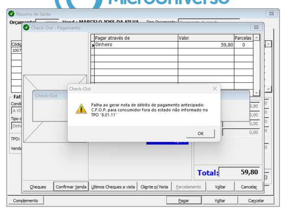 Mensagem de aviso