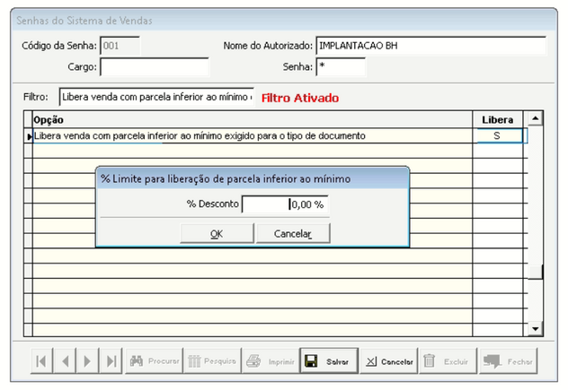 % Limite para liberação de parcela inferior ao mínimo