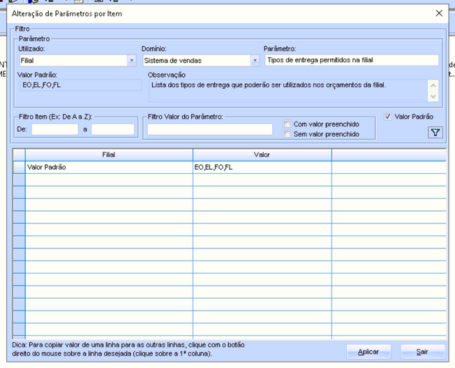 Alteração Parâmetro