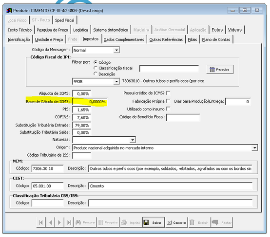 Configuração produto