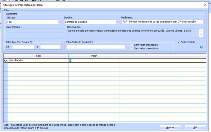 Alteração parâmetro