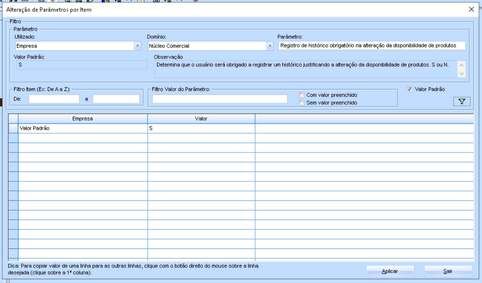 Alteração parâmetro