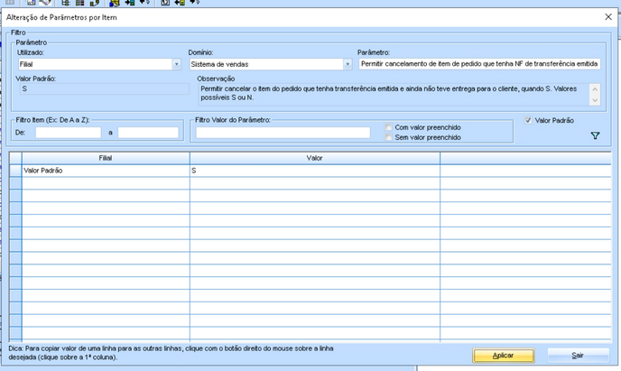 Alteração parâmetro