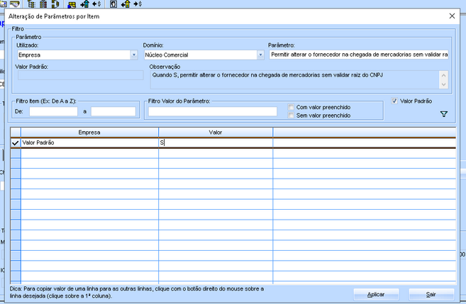 Alteração parâmetro