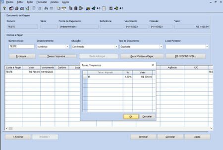 TPO de Aluguel contas a pagar com o lançamento de despesas de aluguel IR Retido 11