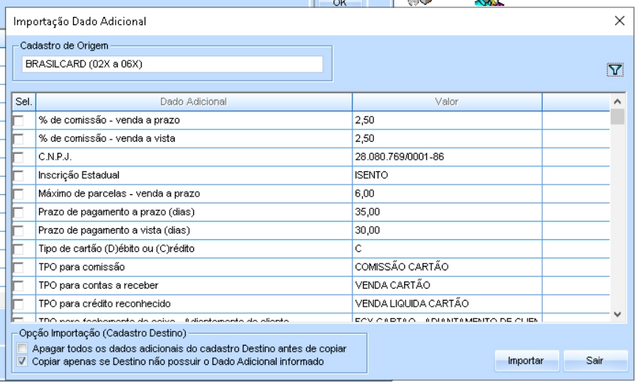 Importação dados adicionais