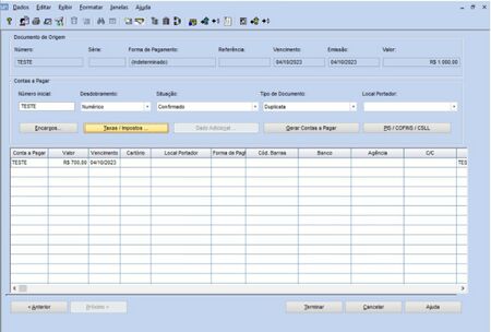 TPO de Aluguel contas a pagar com o lançamento de despesas de aluguel IR Retido 10