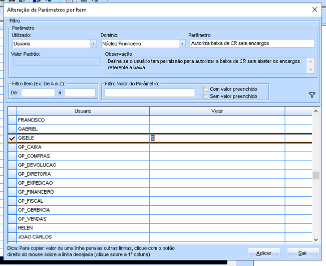 Alteração Parâmetro