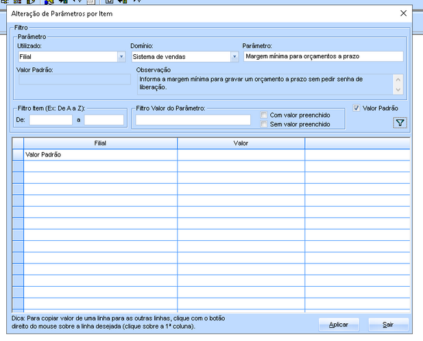 Informa a margem mínima para gravar um orçamento a prazo sem pedir senha de liberação.