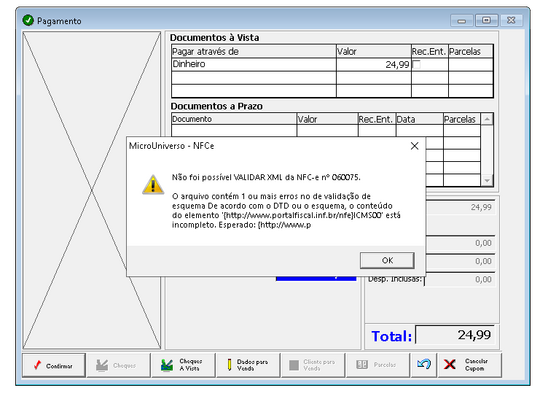 O conteúdo do elemento 'ICMS00' está incompleto