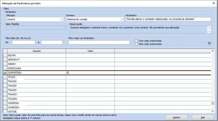 Alteração parâmetro