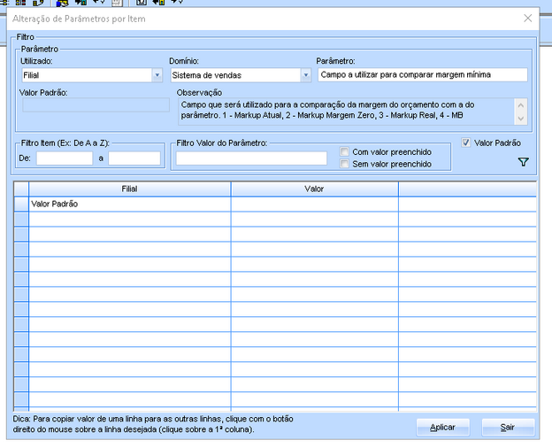 Campo que será utilizado para a comparação da margem do orçamento com a do parâmetro. 1 - Markup Atual, 2 - Markup Margem Zero, 3 - Markup Real, 4 - MB