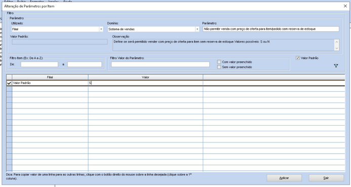 Alteração parâmetro