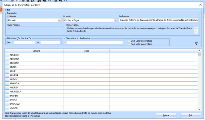 Alteração parâmetro