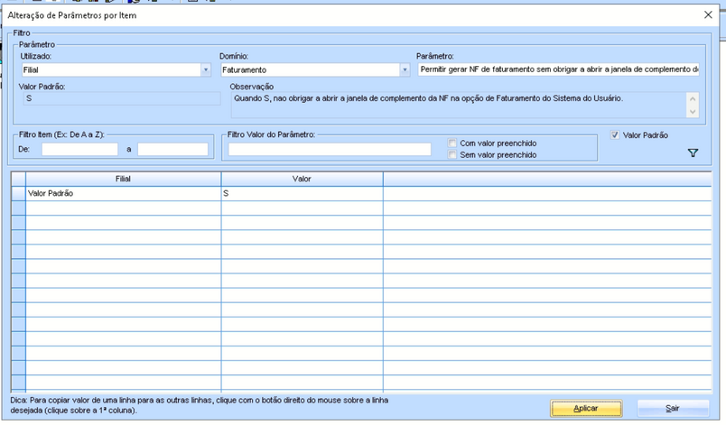 Alteração parâmetro