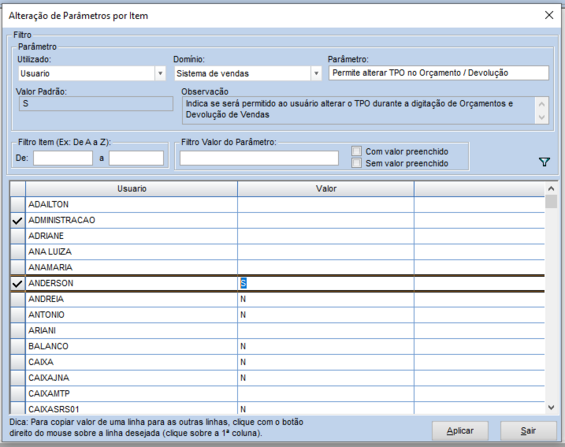 Alteração parâmetro